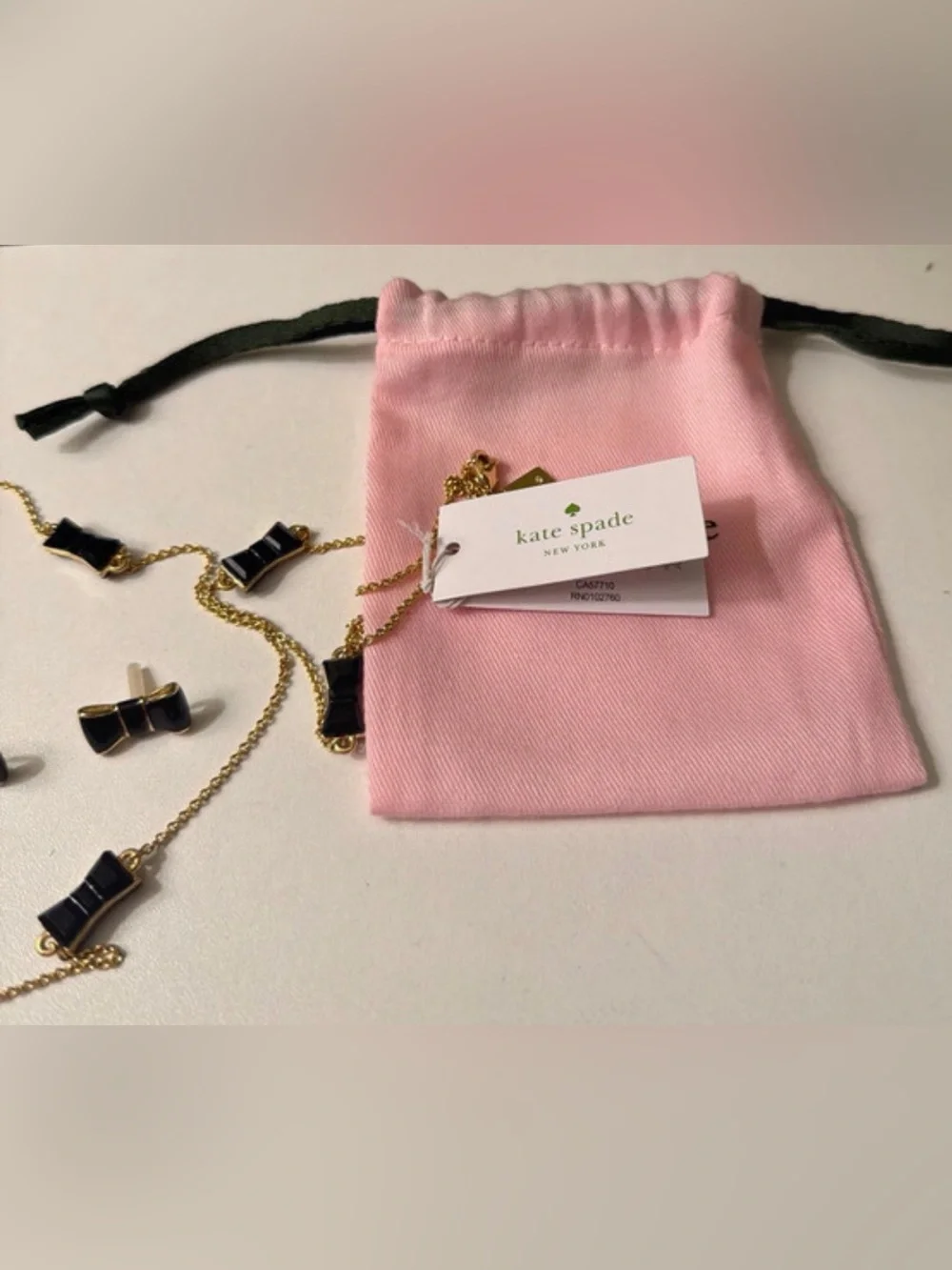 Kate Spade Jackpot Jewels Black Gold Bow Necklace and Earrings Set Dustbag NWT